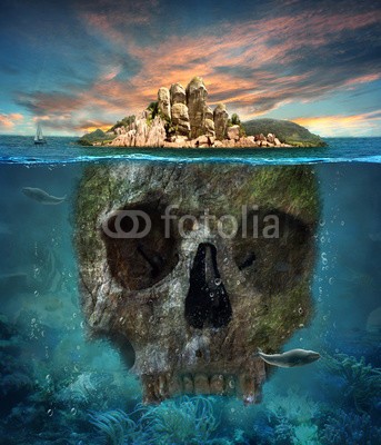 cranach, Island. Underwater scull. Concept graphic in soft oil painting s (insel, reisen, strand, orientierungspunkt, fels, meer, wasser, halloween, küste, abbildung, übel, tattoo, kopf, t-shirt, reiseziel, skelett, steine, tropisch, sand, beängstigend, szenerie, tot, sommer, tour, paradise, lagune, zombie, spiritual, karibi)
