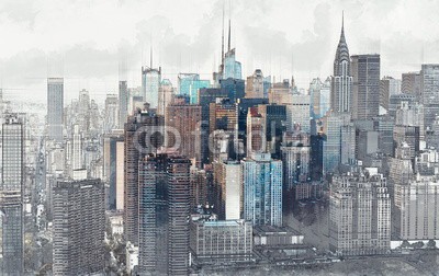Tierney, Sketch of the Manhattan skyline cityscape (manhattan, skyline, abbildung, architektur, tourismus, himmel, business, orientierungspunkt, reisen, turm, modern, downtown, gebäude, skyscraper, angestrahlt, büro, abenddämmerung, szene, anblick, nacht, stadt, uns, urbano, stadtlandschaft, amerika, ne)