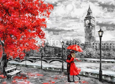 lisima, oil painting on canvas, street of london. Artwork. Big ben. man and woman under an red umbrella. Tree. England. Bridge and river (wandbild, abstraktion, architektur, kunst, kunstvoll, artwork, herbst, hintergrund, big ben, schwarz, britischer, gebäude, canvas, stadt, wolkengebilde, zeichnung, england, englisch, europäisch, berühmt, abbildung, eindrucksvoll, orientierungspunk)