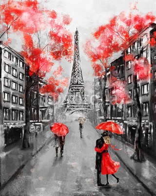 lisima, Oil Painting, Paris. european city landscape. France, Wallpaper, eiffel tower. Black, white and red, Modern art. Couple under an umbrella on street (abstrakt, wölben, architektur, kunst, kunstvoll, artwork, herbst, hintergrund, schwarz, gebäude, stadt, wolken, wolkengebilde, bunt, paar, reiseziel, eiffelturm, europa, europäisch, berühmt, frankreich, französisch, haus, abbildung, eindrucksvol)