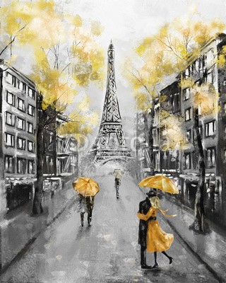 lisima, Oil Painting, Paris. european city landscape. France, Wallpaper, eiffel tower. Black, white and yellow, Modern art. Couple under an umbrella on street (abstrakt, wölben, architektur, kunst, kunstvoll, artwork, herbst, hintergrund, schwarz, gebäude, stadt, wolken, bunt, paar, eiffelturm, europa, europäisch, berühmt, frankreich, französisch, historisch, haus, abbildung, eindrucksvoll, orientierungspunk)