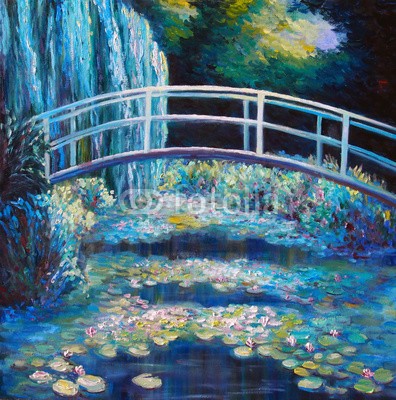 shvets_tetiana, Original oil painting on canvas - Bridge through a pond with water lilies (malerei, impressionismus, natur, öl, abbildung, baum, tapete, dekoration, grün, floral, weiß, reisen, blume, hell, froh, altersgenosse, teich, canvas, alt, blühen, abstrakt, jahreszeit, modern, kreativ, artwork, busch, bürste, textur, gärte)