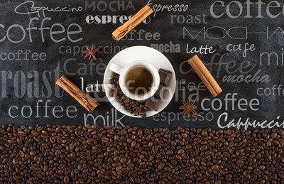 alphaspirit, Background of cup coffee beans with cinnamon and anise (kaffee, hintergrund, schwarz, board, kreide, geschriebenes, tassen, zimt, anis, lecker, arabisch, schlenge, korn, dekoration, tisch, aromatisch, schultafel, morgens, lebensstil, imbiss, mocha, getränke, kunst, cappuccino, espresso, gewürz, entspannun)