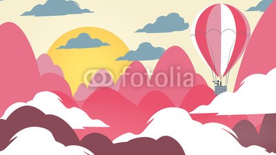 inbevel, Paper-cut Style Applique Mountain Landscape with Hot Air Balloon - Vector Illustration. (reklame, werbung, herbst, hintergrund, busch, camping, kanada, cartoons, wolken, dekoration, entwerfen, ökologie, fauna, feld, footer, wald, gold, grafik, wanderungen, hügel, abbildung, abbild, landschaft, wiese, berg, natürlich, natur, panorama, papie)