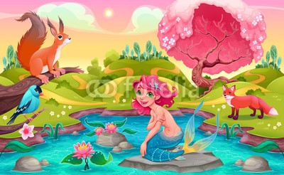 ddraw, Fantasy scene with mermaid and animals (nixe, sirene, mädchen, frau, frau, jung, freudig, kindheit, kind, lächeln, fuchs, vögel, eichhörnchen, landschaft, landschaft, see, teich, szene, szenerie, blume, lily, wasser, hügel, panorama, märchen, baum, fantasy, tier, vektor, abbildung, cartoon)