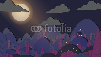 inbevel, Paper-cut Style Applique Forest with Small House Night Landscape- Vector Illustration. (hintergrund, cartoons, wolken, konzept, schnitt, deko, dekoration, entwerfen, welt, ökologie, elemente, umwelt, gestalten, flach, blume, wald, grafik, gras, grün, begrüssung, icon, abbildung, landschaft, licht, wiese, berg, natur, verziert, page, papie)