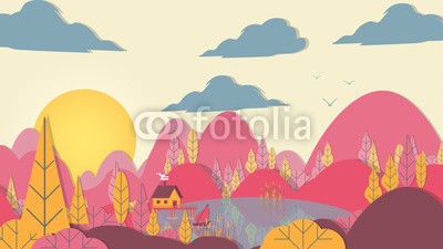 inbevel, Paper-cut Style Applique Forest with Lake and Small House - Vector Illustration. (hintergrund, cartoons, wolken, konzept, schnitt, deko, dekoration, entwerfen, welt, ökologie, elemente, umwelt, gestalten, flach, blume, wald, grafik, gras, grün, begrüssung, icon, abbildung, landschaft, licht, wiese, berg, natur, verziert, page, papie)