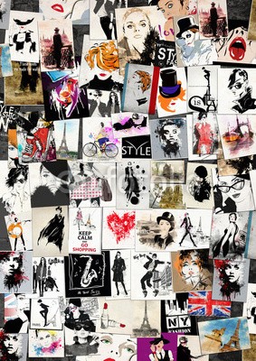 Yevhen, Fashion collage with freehand drawings (hintergrund, gestalten, grunge, sommer, glamour, lässig, weiblich, posing, jugendzeit, wand, trendy, stil, augengläser, brünett, textur, sexy, straße, modellieren, urbano, portrait, frau, lebensstil, sinnlich, stadt, geschlechtlich, stylish, bein)