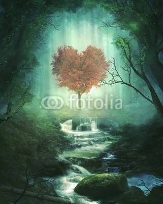 kevron2001, Heart tree in the forest (herz, baum, wald, strömen, liebe, natur, landschaft, surreal, rot, rosa, blatt, blume, holz, cascade, river)