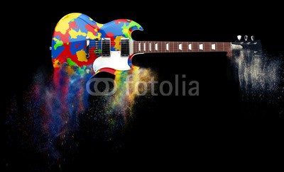 Dimitrius, Psychedelic hard rock guitar slowly disintegrating (gitarre, musik, electric, schnur, instrumente, fels, isoliert, weiß, musikalisch, holz, schwarz, zersetzung, klingen, genick, konzert, spiel, blues, metall, musiker, jahrgang, modern, stage, jazz, close-up, elektronisch, band, bass, tonabnehmer, lecke)