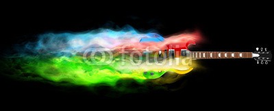 Dimitrius, Colorful hard rock guitar - magic smoke FX (gitarre, musik, electric, schnur, instrumente, fels, isoliert, weiß, musikalisch, holz, schwarz, rauch, klingen, genick, konzert, spiel, blues, metall, musiker, jahrgang, modern, stage, jazz, close-up, elektronisch, effekt, streuung, band, bas)