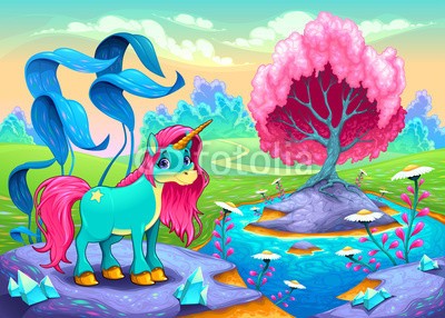 ddraw, Happy unicorn in a landscape of dreams (einhorn, pferd, pony, landschaft, freudig, lächeln, mädchenhaft, rosa, vektor, cartoons, komisch, abbildung, szene, szenerie, natur, baum, teich, see, wasser, blume, gänseblümchen, blatt, panorama, morgengrauen, sonnenuntergang, romantisch, quartz, tie)