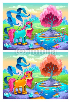 ddraw, Spot the differences (spiel, app, unterschied, finden, einhorn, pferd, pony, landschaft, freudig, lächeln, mädchenhaft, rosa, vektor, cartoons, komisch, abbildung, szene, szenerie, natur, baum, teich, see, wasser, blume, gänseblümchen, blatt, panorama, morgengraue)