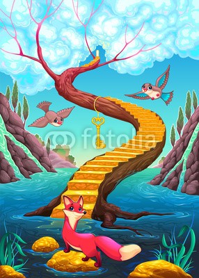 ddraw, The golden stair (gold, gold, treppe, key, baum, fuchs, spatz, natur, landschaft, landschaft, meer, see, wasser, teich, fels, berg, rivers, wasserfall, cascade, wolken, szene, szenerie, märchen, kindheit, cartoons, komisch, vektor, fantasy, abbildung, tier, charakte)