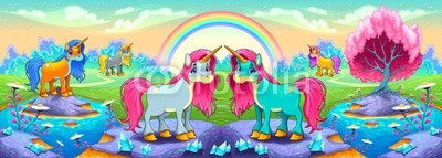 ddraw, Happy unicorns in a landscape of dreams (einhorn, pferd, pony, landschaft, freudig, lächeln, mädchenhaft, rosa, vektor, cartoons, komisch, abbildung, szene, szenerie, natur, baum, teich, see, wasser, blume, gänseblümchen, blatt, panorama, morgengrauen, sonnenuntergang, romantisch, quartz, tie)