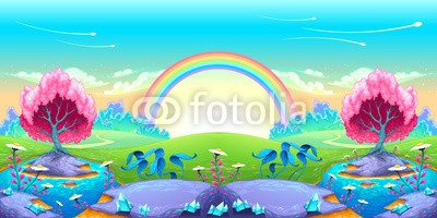ddraw, Landscape of dreams with rainbow (landschaft, freudig, mädchenhaft, rosa, vektor, cartoons, komisch, abbildung, szene, szenerie, natur, baum, teich, see, wasser, blume, gänseblümchen, blatt, panorama, morgengrauen, sonnenuntergang, romantisch, quartz, wiese, landschaft, hüge)
