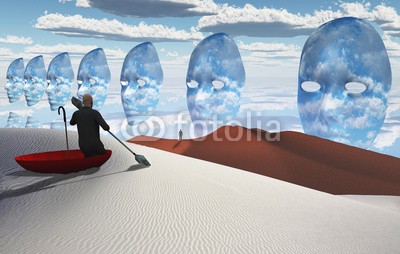 rolffimages, Escape from reality (3d, abstrakt, allein, kunst, ehrfurcht, bizarre, kaufmann, wolken, konzeptionell, wüste, dramatisch, düne, furchterregend, endlos, ewiges leben, gesicht, fantasy, figuren, gott, horizont, menschlich, reise, mann, maske, übertragener ausdruck, natu)