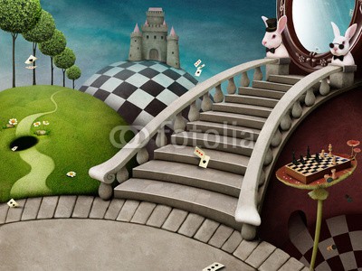 annamei, Fabulous background with staircase and mirror for poster or illustration adventure Wonderland (kunst, hintergrund, märchen, abbildung, magisch, abenteuer, treppe, schloss, wonderland, park, landschaft, umwelt, entwerfen, textur, himmel, pfad, spiegel, durchgang, ausfahrt, ideen, vorstellung, inspiration, fantasie, platz, anweisungen, locations, tü)