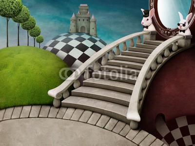 annamei, Fabulous background with staircase and mirror for poster or illustration adventure Wonderland (kunst, hintergrund, märchen, abbildung, magisch, abenteuer, treppe, schloss, wonderland, park, landschaft, umwelt, entwerfen, textur, himmel, spiegel, durchgang, ausfahrt, ideen, vorstellung, inspiration, fantasie, platz, anweisungen, locations, tü)