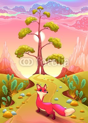 ddraw, Landscape in the sunset with fox (fuchs, tier, lächeln, landschaft, freudig, mädchenhaft, rosa, vektor, cartoons, komisch, abbildung, szene, szenerie, natur, baum, berg, astral, traum, panorama, morgengrauen, sonnenuntergang, romantisch, wiese, landschaft, hügel, fantasy, magisch, wolke)