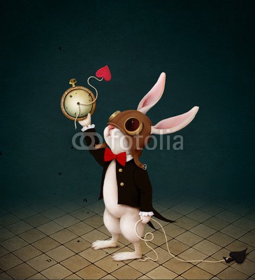 annamei, Conceptual illustration with  character from  fairy tale Wonderland with  White Rabbit and  destruction of  Clock. (destruction, kunst, konzept, abbildung, charakter, hase, weiß, märchen, bizarre, seltsam, uhren, zeit, wonderland, pfeil, seil, mütze, kleidung, haustier, vorstellung, kreieren, inspiration, ideen, entwerfen, hintergrund, symbol, herz, karte, sui)