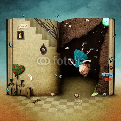 annamei, Conceptual illustration with  magical book Wonderland and the falling girl (kunst, hintergrund, buch, abbildung, konzept, story, erzählung, wonderland, bohrung, fallen, absteigend, mädchen, frau, weiblich, page, seltsam, bizarre, treppe, baum, uhr, zaun, zeichen, zeuge, jagd, fang, ansteckend, zeit, blume, rahmen, flasche, ke)