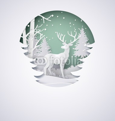 kengmerry, Deer in forest with snow in the winter season and christmas.vector paper art style. (tier, jahreszeitlich, schnee, verschneit, winterlich, rentier, hirsch, spaß, begrüssung, konzept, weihnachten, kreativ, abbildung, dekorativ, trendy, posters, spot, wald, winter, säugetier, weihnachten, horn, gehörnt, fröhlich, natürlich, schneeflock)