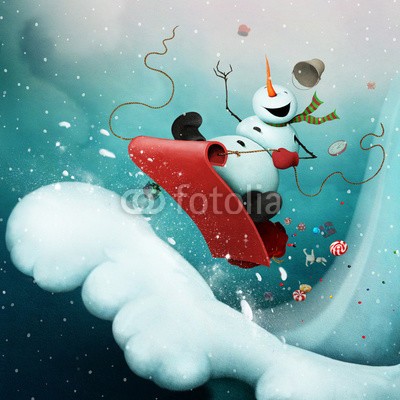 annamei, Conceptual illustration for greeting card for Christmas or New Year with  Crazy Snowman, racing with  snowy mountain on  sled with gifts. (kunst, hintergrund, abbildung, entwerfen, postkarte, posters, zeichnung, beeindruckend, artwork, buch, verlagswesen, urlaub, winter, jahreszeit, schneemann, spassig, verrückt, rennsport, geschenk, neujahr, feier, begrüssung, vorstellung, inspiratio)