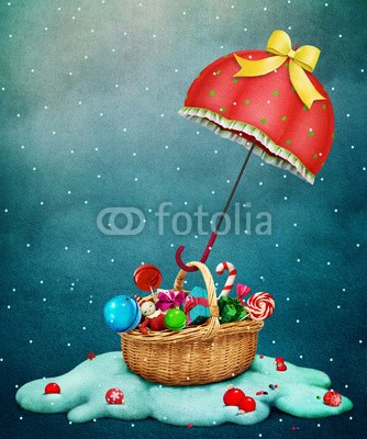 annamei, Fantasy Holiday greeting card for Christmas with Red umbrella with  gift basket (kunst, hintergrund, karte, feier, glück wünschen, winter, geschenk, weihnachten, neujahr, dezember, jan, februar, schnee, blau, körbe, süßigkeiten, spielwaren, abbildung, vorstellung, fantasy, regenschirm, rosa, bogen, begrüssung, urlaub, polkagri)