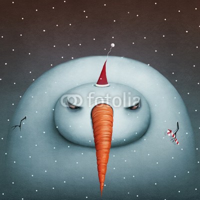 annamei, Conceptual illustration or poster , greeting card with  Gloomy Snowman (kunst, konzept, ideen, abbildung, schneemann, figur, runde, möhren, neujahr, beängstigend, entsetzen, urlaub, postkarte, posters, weihnachten, feier, event, begrüssung, schneeflocke, geschenk, süßigkeiten, vorabend, dezember, jan, februar, frosti)