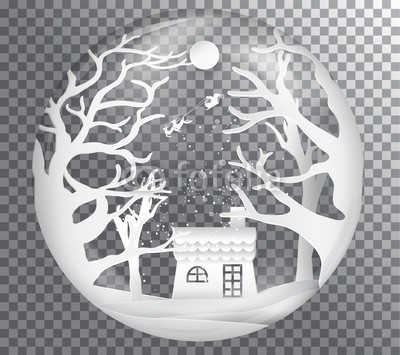 artdee2554, Xmas and happy new year glass ball on transparent background, paper art landscape with tree and house design. vector illustration (3d, abstrakt, hintergrund, banner, blau, karte, cartoons, feier, weihnachten, konzept, deckung, kurve, schnitt, dezember, deko, dekoration, entwerfen, elemente, geschenk, begrüssung, freudig, urlaub, icon, abbildung, landschaft, layout, fröhlich, ne)