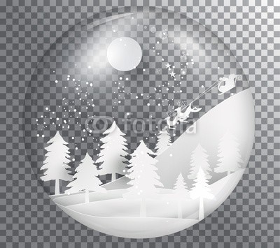 artdee2554, Xmas and happy new year glass ball on transparent background, paper art landscape with tree and house design. vector illustration (3d, abstrakt, hintergrund, banner, blau, karte, cartoons, feier, weihnachten, konzept, deckung, kurve, schnitt, dezember, deko, dekoration, entwerfen, elemente, geschenk, begrüssung, freudig, urlaub, icon, abbildung, landschaft, layout, fröhlich, ne)