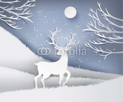 artdee2554, paper art landscape of Christmas and happy new year with tree and reindeer design. vector illustration (3d, abstrakt, hintergrund, banner, blau, karte, cartoons, feier, weihnachten, konzept, deckung, kurve, schnitt, dezember, deko, dekoration, entwerfen, elemente, geschenk, begrüssung, freudig, urlaub, haus, icon, abbildung, landschaft, layout, fröhlic)