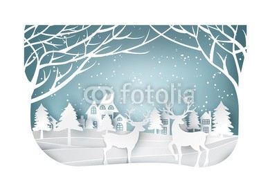 artdee2554, paper art landscape of Christmas and happy new year with tree and reindeer design. vector illustration (3d, abstrakt, hintergrund, banner, blau, karte, cartoons, feier, weihnachten, konzept, deckung, kurve, schnitt, dezember, deko, dekoration, entwerfen, elemente, wald, geschenk, begrüssung, freudig, urlaub, haus, icon, abbildung, landschaft, layou)