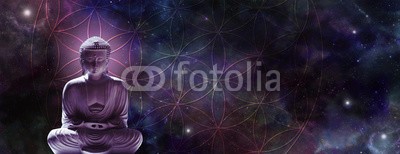 Nikki Zalewski, Cosmic Buddha meditating on the Flower of Life - Lotus position buddha on left with a magenta glow against a wide dark starry night background and the Flower of Life symbol (buddhas, symbol, achtsamkeit, universum, buddhismus, betend, meditation, konzept, kosmisch, göttlich, erleuchtung, guru, einträchtig, spiritual, zeitlos, yoga, buddhist, deep thought, östlich, religion, om, raum, banner, panoramisch, nachthimmel, nebe)