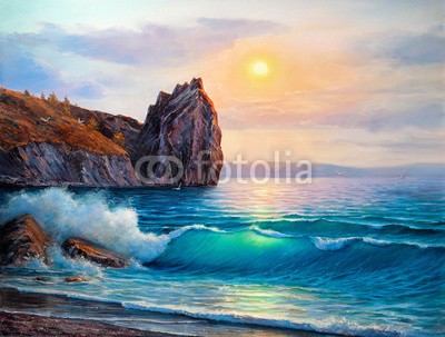 serge-b, Painting seascape. Sea wave . (ozean, seelandschaft, wasser, strand, landschaft, horizont, schöner, meer, himmel, öl, kunst, blau, malerei, hintergrund, natur, welle, sonne, bürste, canvas, künstler, sonnenaufgang, sonnenuntergang, küste, farbe, abbild, küste, küstenlinie, tropic)