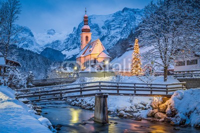 JFL Photography, Church of Ramsau in winter twilight, Bavaria, Germany (winter, weihnachten, kirche, schnee, advent, urlaub, religion, romantisch, bavaria, deutsch, berg, tourismus, alpine, alpen, architektur, österreich, bayer, blau, brücke, gebäude, dom, christbaum, abenddämmerung, europa, abend, deutsch, angestrahl)