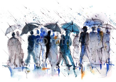 okalinichenko, crowd (menschenmenge, leute, verstecken, regen, regenschirm, malerei, verregnet, abbildung, tage, straße, stadt, bunt, kunst, stil, hintergrund, paar, fallen lassen, datierung, wetter, frau, kreativ, abbild, gestalten, wasserfarben, outdoors, herbst, mann, viel)