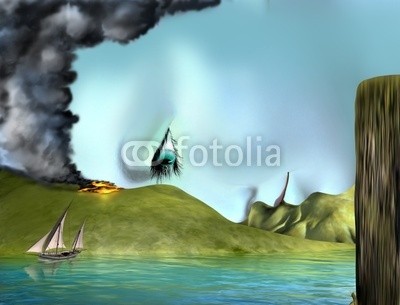 Paul Fleet, Surreal landscape face (surreal, landschaft, dreamscape, frau, kunst, malerei, abbildung, see, rauch, yacht, segelboot, feuer, zusammenkunft, berg, hügel, himmel, schöner, fantasy, halbgott, gesicht, kopf, auge, göttin, magisch, beruhigt, vorstellung, konzept, traum, illusio)