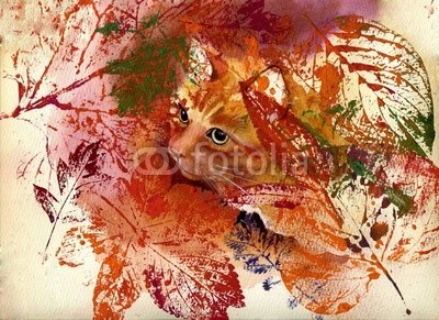 Nadiia Starovoitova, Painting Collection : Autumn Cat (herbst, katze, auge, ausreisen, leaf, rot, laubwerk, gras, sommer, grün, orange, gelb, gouache, wasser, wasserfarben, kunst, papier, mustern, klang, wash, vorlage, karte, zeichnung, abbildung, clipart, malerei, nass, shading, grafik, entwerfen, sketc)