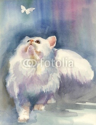 Nadiia Starovoitova, Watercolor Animal Collection: Cat (katze, haustier, wasser, wasserfarben, kunst, papier, klang, wash, vorlage, karte, zeichnung, abbildung, clipart, malerei, shading, grafik, entwerfen, sketch, pinselstrich, ausdruck, symbolisch, bunt, blau, grau, weiß, alt, jahrgang, tier, retro, katz)