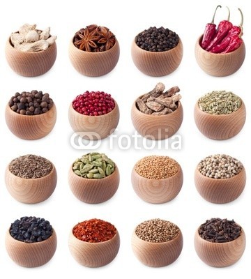 andriigorulko, set of wooden bowls full of different spices (set, sortiment, different, gewürz, schüssel, isoliert, aroma, essen, kraut, aromatisch, hintergrund, piment, gewürznelke, kardamom, koriander, pfeffer, pfefferkörner, fenchel, senf, berberitze, dill, chilies, ingwer, anis, stern, sternanis, calamu)