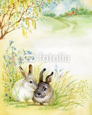 Nadiia Starovoitova, Watercolor Illustration: Rabbits (tier, kunst, aufmerksam, backgrounds, braun, hase, exemplar, paar, hübsch, ohr, ostern, europäisch, fein, front, voll, pelzig, hand, horizontale, abbildung, innen, gemacht, säugetier, natur, gehorsam, paar, hase, sitzend, raum, art, platsch, zusamme)