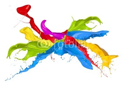 Jag_cz, Colored paint splashes isolated on white background (3d, abstrakt, kunst, kunstvoll, backgrounds, blau, bürste, blase, close-up, farbe, bunt, trinken, tropfen, entladen, fließen, strömend, flüssig, frisch, grün, tinte, isoliert, licht, flüssigkeit, zusammenlegung, bewegung, natur, malen, farbpinse)