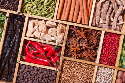 andriigorulko, spices and herbs in wooden box (essen, gewürz, kraut, würze, zutaten, würze, aroma, aromatisch, box, holz, hölzern, kultur, pfeffer, chilies, chiles, zimt, kardamom, vanille, koriander, anis, muskatnuß, gewürznelke, piment, calamus, bockshornklee, ingwer, rosmarin, zwiebel, trocke)
