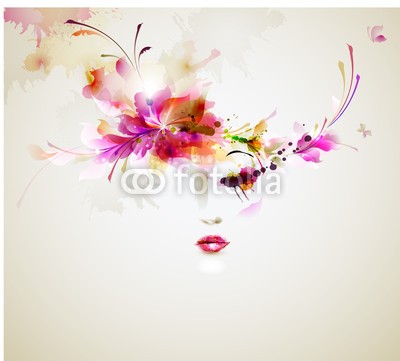 artant, Beautiful fashion women with abstract  design elements (abstrakt, backgrounds, blume, wasserfarben, gestalten, mädchen, kopf, leute, portrait, frau, gesicht, abstraktion, kunstvoll, artwork, rot, banner, schöner, schönheit, leere, kleckse, fleck, konzept, deckung, kreativ, dekoration, entwerfen, element)