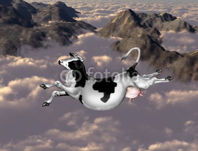 Paul Fleet, Flying cow (kuh, fliegender, wolken, berg, surreal, fliege, tier, wolkengebilde, dreamscape, magisch, magie, euter, rind, springen, sprung, seltsam, bizarre, cartoons, schwimmend, entfliehen, unabhängig, abenteuer, rebel, freiheit, frei, konzept, reisen, pik)