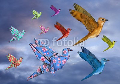 Paul Fleet, Origami Bird Dreamscape (origami, vögel, herde, fliege, dreamscape, surreal, himmel, japanisch, flügel, grafik, wolken, himmel, papier, flug, umzug, fliegender, federn, singvogel, natur, wildlife, freiheit, frei, aufsteigend, aufsteigen, entfliehen, kunst, mustern, gefieder)