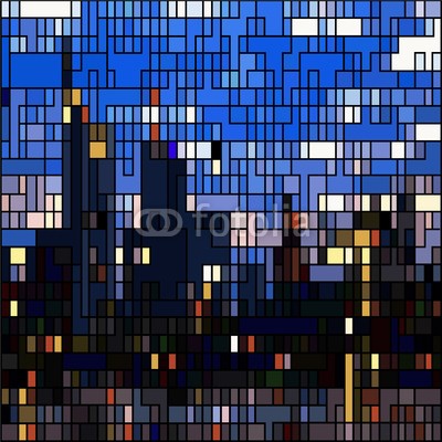 emeritus2010, frankfurt city skyline - abstract (abstrakt, frankfurt, pop art, stadt, retro, muster, stadtlandschaft, retro, skyscraper, skyline, nacht, stadt, fenster, vektor, gebäude, bunt, abbildung, bild, laterne, gebäude, beleuchtet, mosaik, abenddämmerung, büro, blau, abenddämmerung, deutsc)