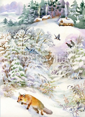 Nadiia Starovoitova, Winter landscape with a house and a fox (jahre, weihnachten, holz, winter, weiß, wetter, urlaub, baum, reisen, sonnenschein, sunlight, gipfel, verschneit, schneesturm, schneefall, schnee, himmel, jahreszeit, rime, park, panorama, draußen, neu, natur, natürlich, berg, landschaft, beleuchtun)